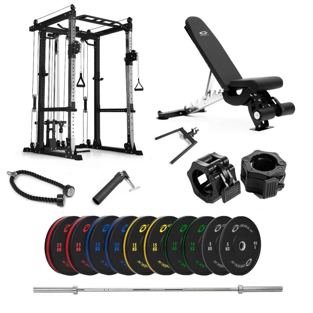 Power Rack med farvede Bumper og bænk  -  170 kg